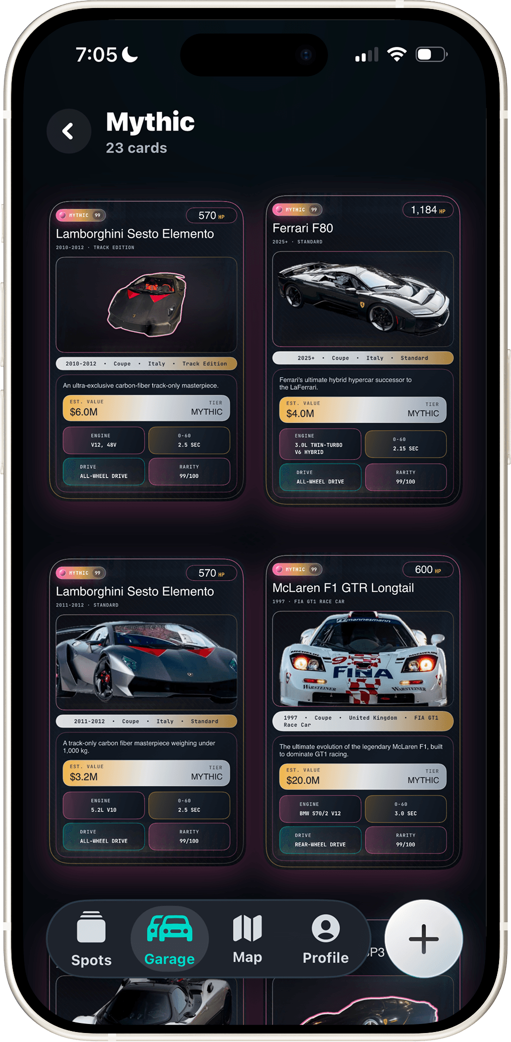 A CarDex garage filtered to Mythic cards — Lamborghini Sesto Elemento, Ferrari F80, McLaren F1 GTR Longtail
