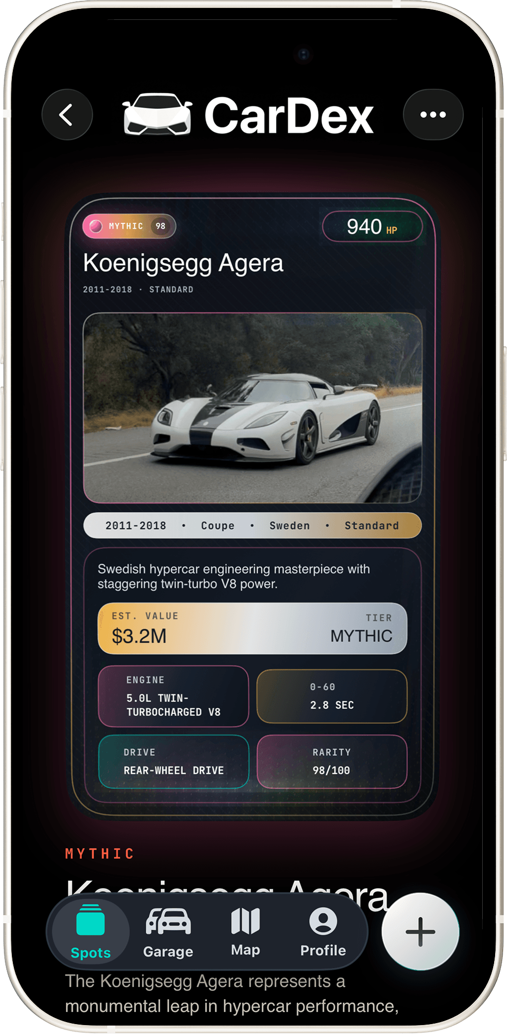 A Koenigsegg Agera card in CarDex, graded Mythic with 940 horsepower and a $3.2M estimated value
