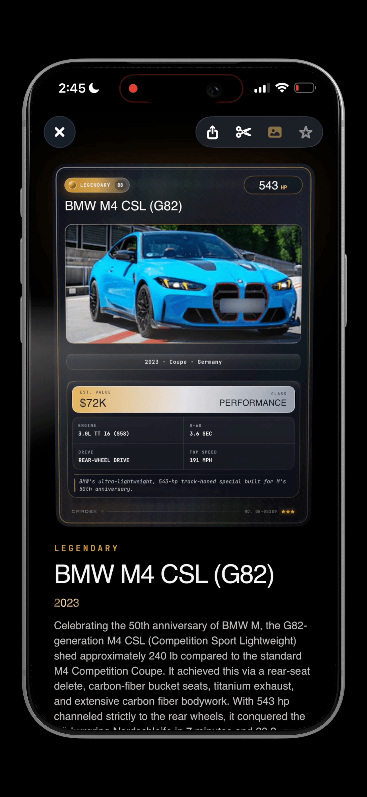 Actual CarDex scan result for a blue BMW M4 CSL, showing its collectible card, rarity and specifications