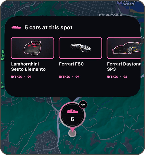 A Spot Map pin opened to show five cars found at one location — Lamborghini Sesto Elemento, Ferrari F80, and Ferrari Daytona SP3, all graded Mythic