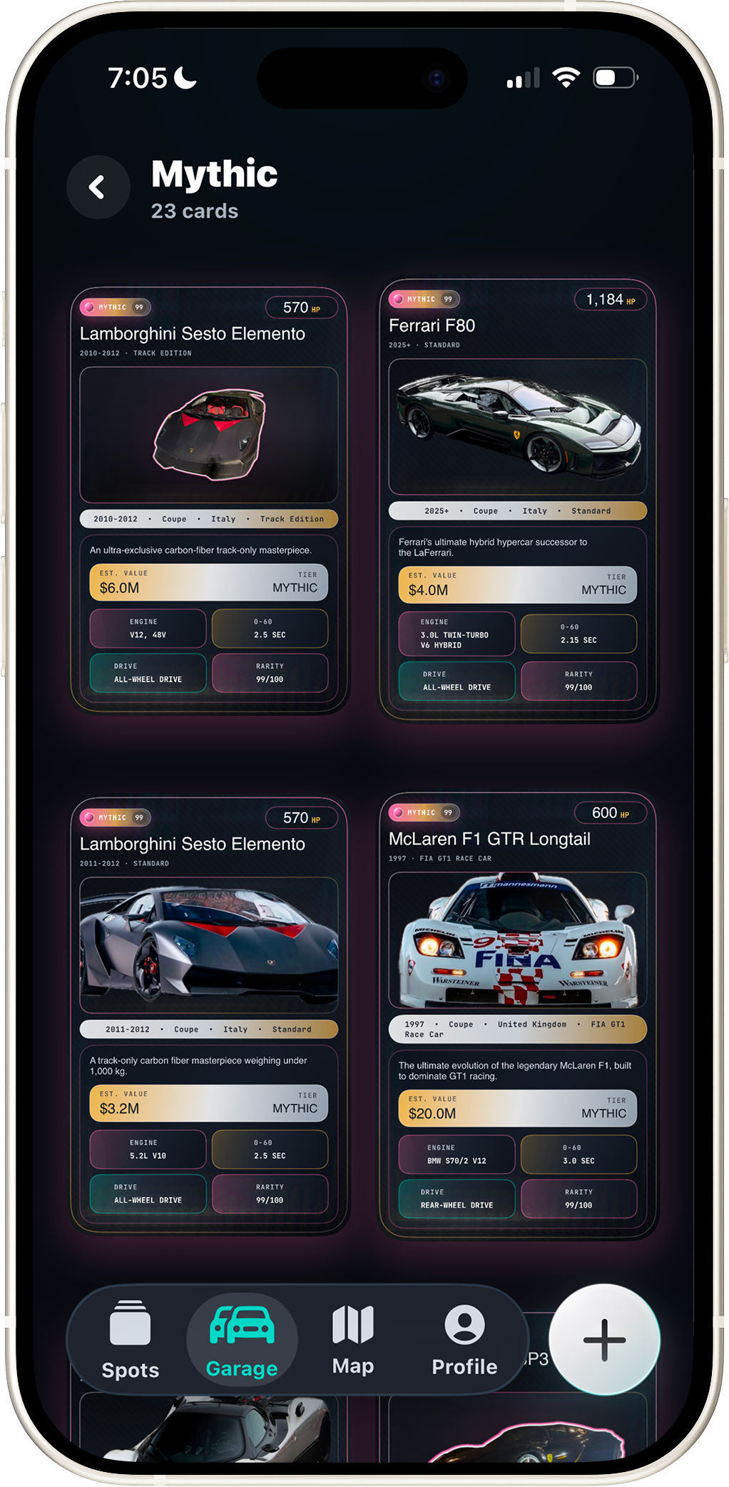 CarDex garage showing collected cars in the Mythic tier
