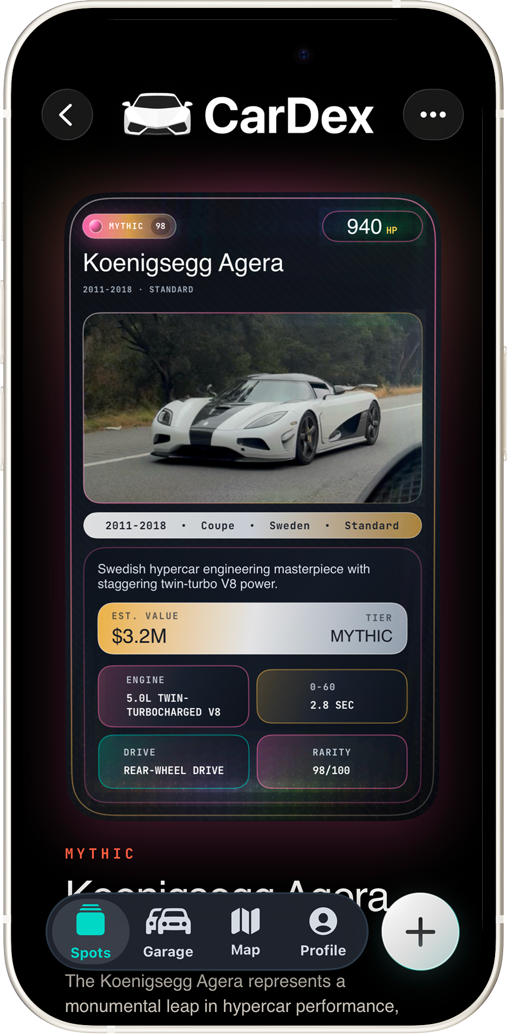 CarDex’s Koenigsegg Agera identification, with specs, rarity and estimated value